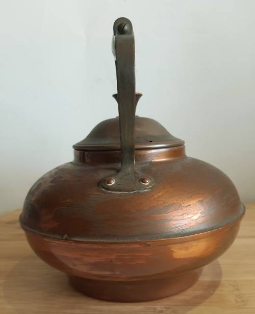 26x23 Vintage Copper Tea Pot with Wooden Handle - Needs a Good Clean
