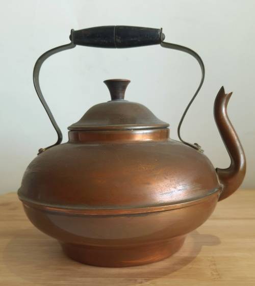 26x23 Vintage Copper Tea Pot with Wooden Handle - Needs a Good Clean