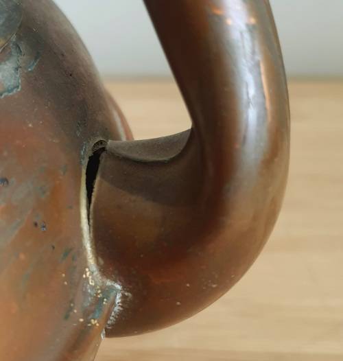 26x23 Vintage Copper Tea Pot with Wooden Handle - Needs a Good Clean