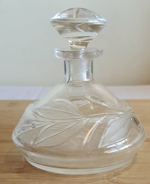 Hand Blown Glass with Etched Butterfly and Leaves Perfume Bottle and Stopper