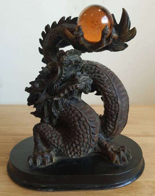 Highly Detailed Bronze Dragon with Hand Blown Glass Golden Orb on Wooden Plinth