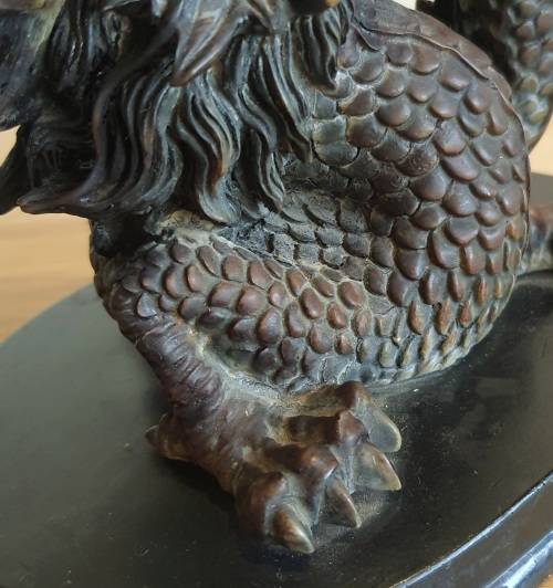 Highly Detailed Bronze Dragon with Hand Blown Glass Golden Orb on Wooden Plinth