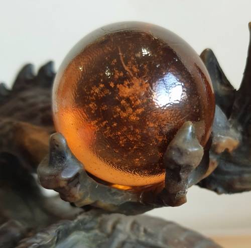 Highly Detailed Bronze Dragon with Hand Blown Glass Golden Orb on Wooden Plinth