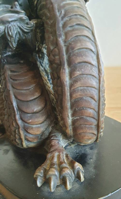 Highly Detailed Bronze Dragon with Hand Blown Glass Golden Orb on Wooden Plinth