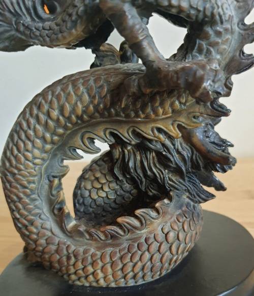 Highly Detailed Bronze Dragon with Hand Blown Glass Golden Orb on Wooden Plinth