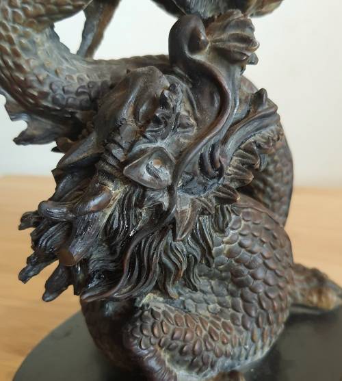 Highly Detailed Bronze Dragon with Hand Blown Glass Golden Orb on Wooden Plinth