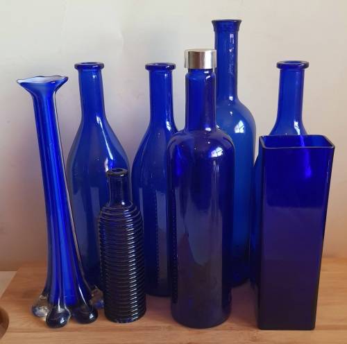 Lot of 6 Cobalt Blue Glass Bottles and 2 Vases - Bid for ALL