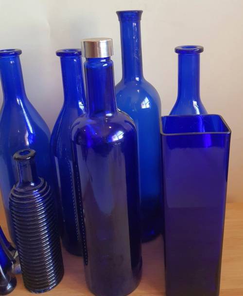 Lot of 6 Cobalt Blue Glass Bottles and 2 Vases - Bid for ALL