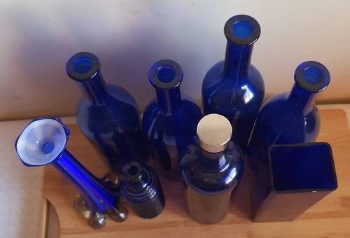 Lot of 6 Cobalt Blue Glass Bottles and 2 Vases - Bid for ALL
