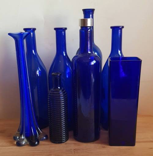 Lot of 6 Cobalt Blue Glass Bottles and 2 Vases - Bid for ALL