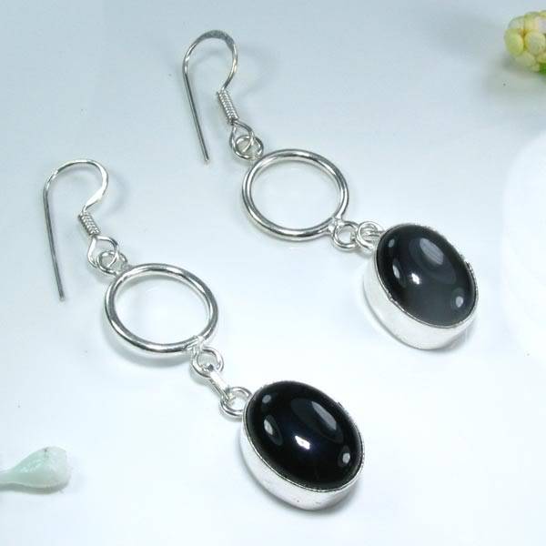 BEAUTIFUL AND UNIQUE BLACK ONYX SILVER EARRINGS 2 1/2"; G1058