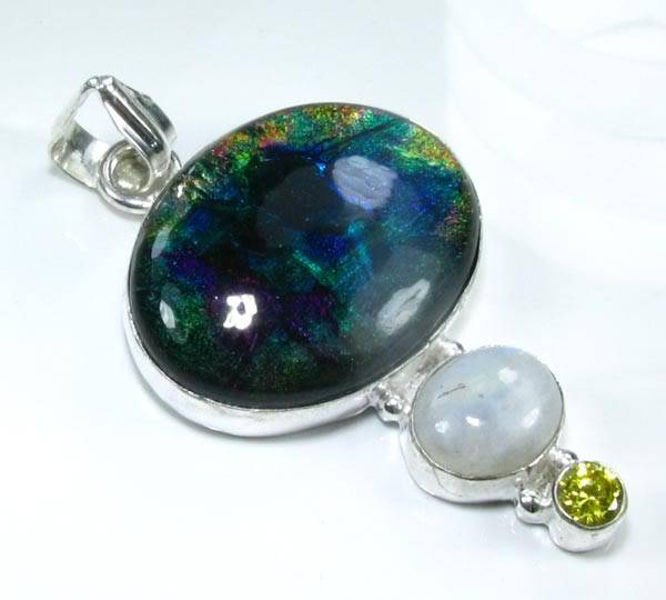 MAGNIFICENT DICHROIC GLASS+MOONSTONE SILVER PENDANT 2 1/4"; G5295