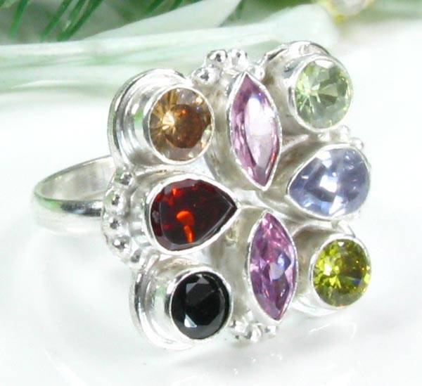 PINK TOPAZ+AMETHYST+MORGANITE+CITRINE+GARNET SILVER RING SIZE 9; H8516