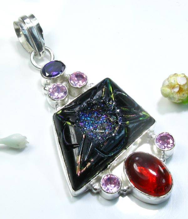-25% AUTUMN SALE!!!!!  NATURAL TITANIUM+GARNET+AMETHYST+PINK TOPAZ 925 SILVER PENDANT 2 3/4"; M4284