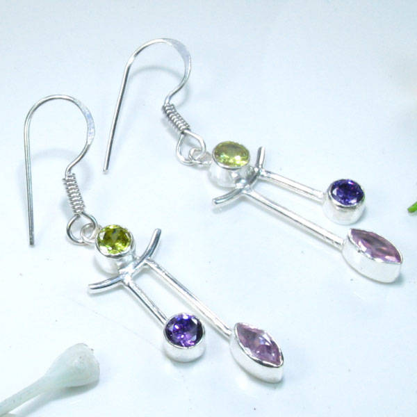 DISTINCT AMETHYST+CITRINE+PINK TOPAZ SILVER EARRINGS 2"; N8851