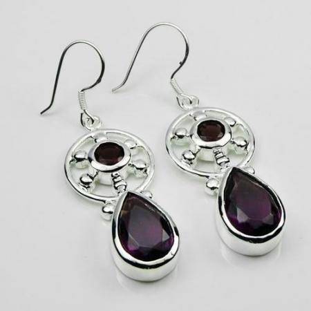 925 SILVER POPULAR AMETHYST GEMSTONE EARRINGS 2.1"