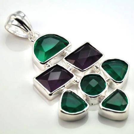 925 SILVER GREEN AND PURPLE AMETHYST GEMSTONE PENDANT 2.7"