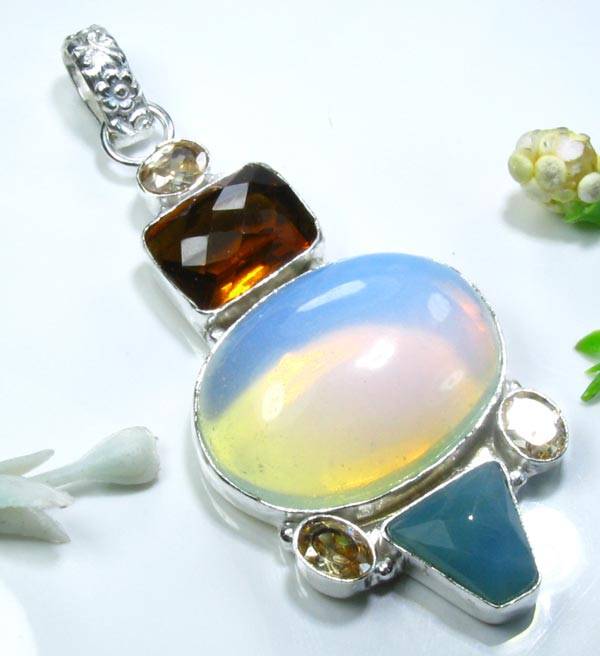 PHENOMENAL NATURAL OPALITE+(FACETED CITRINE+AGATE)+TOPAZ 925 SILVER PENDANT 3"; K3398
