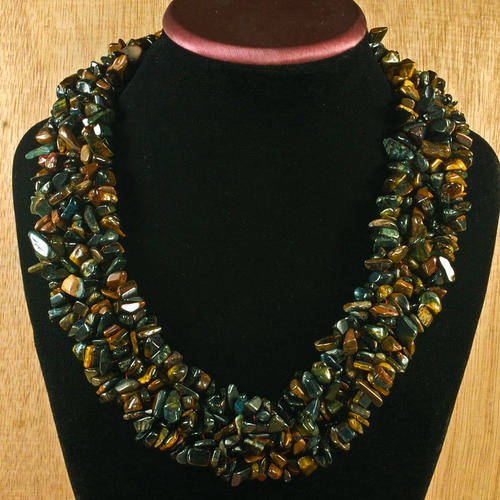 -50% EXQUISTLY HAND WOVEN NATURAL BLUE TIGER'S EYE GEMS CHIP NECKLACE 18 1/2"