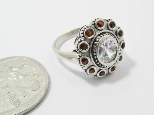 Lovely Vintage Design Ring With Clear and Red Zirconia Stones In Sterling Silver
