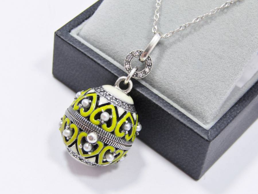 An Amazing  Ornate Ball Locket Surrounded With Enamel Heart Inlay and tiny Seed Pearls on Chain in