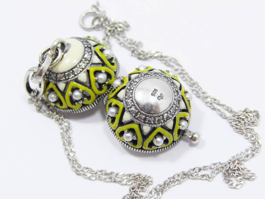 An Amazing  Ornate Ball Locket Surrounded With Enamel Heart Inlay and tiny Seed Pearls on Chain in