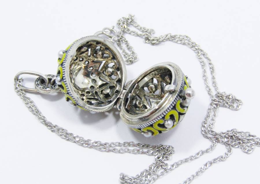 An Amazing  Ornate Ball Locket Surrounded With Enamel Heart Inlay and tiny Seed Pearls on Chain in