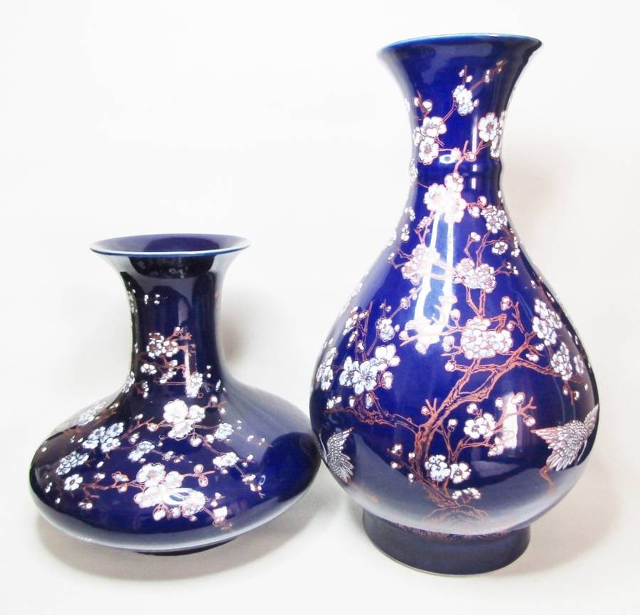 Two Gorgeous Chinese Dark Blue Chinese Porcelain Vases With White Blossoms
