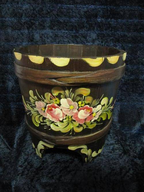 Hand-Painted Wooden Barrel Vintage Plant Stand