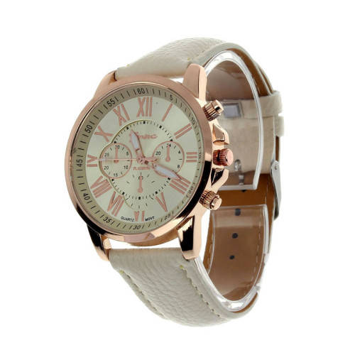 ROMAN NUMERALS FAUX LEATHER ANALOG BEIGE QUARTZ WATCH