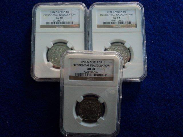 1994 Presidential Inauguration R5 Coin - AU 58 - NGC Graded. Bid per coin.
