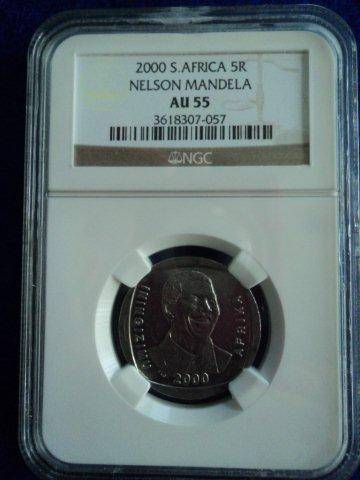 NGC AU55 - 2000 Nelson Mandela R5 + 2 Stamps. CTO.