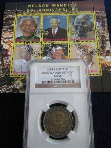 2008 Mandela Birthday R5 AU58 + 90th Anniversary Stamp Sheet Republique Du Benin.