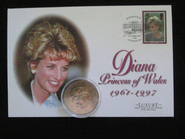 GB UK 1998 Princess Diana Blanco First Day Cover + 1981 Wedding circulated crown.