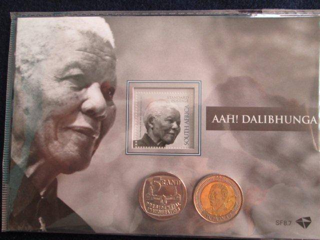MANDELA 1918-2013 OFFICIAL SAPO STAMP FOLDER + 2 CIRCULATED COINS.