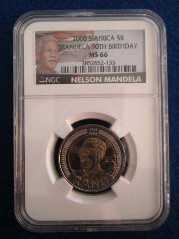 Mandela 90th Birthday R5. MS66 - NGC Graded. New Label.