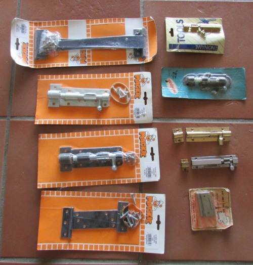 LOT OF BARREL BOLTS AND HINGES - Mostly new and still in packaging