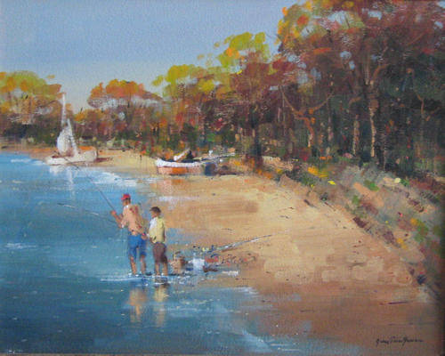 GIAN-PIERO GARIZIO (1931 - ) - OIL - FISHING ON THE BEACH