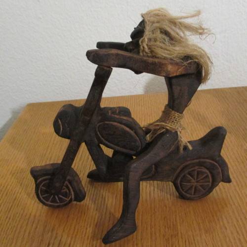 *** A VERY UNUSUAL WOODEN HAND CARVED AFRICAN HIGH HANDLE BIKE RIDER ***