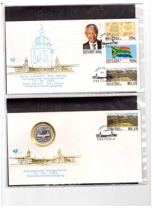 1994 MANDELA SA PRESIDENTIAL INAUGURATION FDC 6.3 B AND FDC 6.3 C WITH R5 COIN SEE PICS!!!