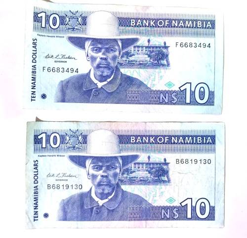 10$ Namibian Dollar Bank Note Lot (2) Kaptein Witbooi