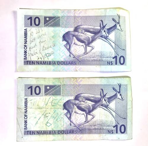 10$ Namibian Dollar Bank Note Lot (2) Kaptein Witbooi