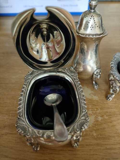 Hallmarked Lowe And Sons Chester - Vintage Mustard/Salt/Pepper with COBALT GLASS  *** RARE ***