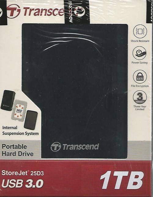 TRANSCEND PORTABLE HARD DRIVE - 1TB - USB 3.0 - STORE JET 25D3