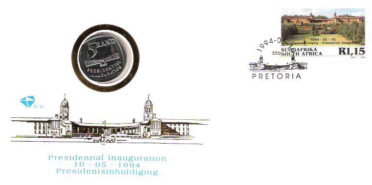 1994 MANDELA INAUGURATION FDC 6.3C WITH R5 PROOF COIN - VERY CLEAN/MINT!!!