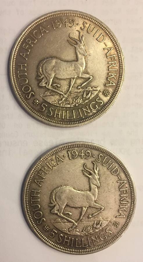 South African Five Shillings 1949 Silver X2 *Good Condition*