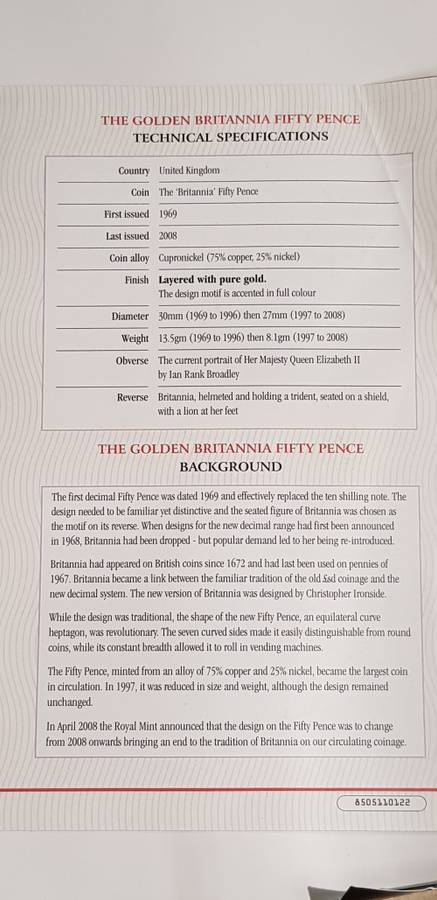 Golden Britannia 50 Pence by the London mint