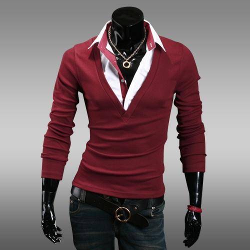 Casual Layered Look Lapel Cotton Long Sleeve Men T Shirt by Danielboy
