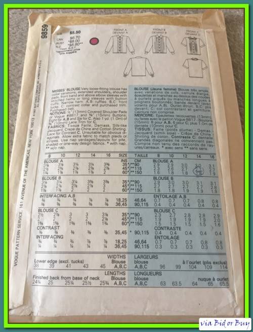PATTERN VOGUE 9859 - BLOUSE ( SIZE 8 - 16)