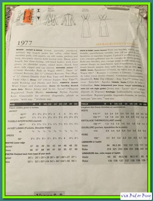 PATTERN VOGUE 1977 (EMANUEL UNGARO) - JACKET & DRESS (12-14-16, 6-22)